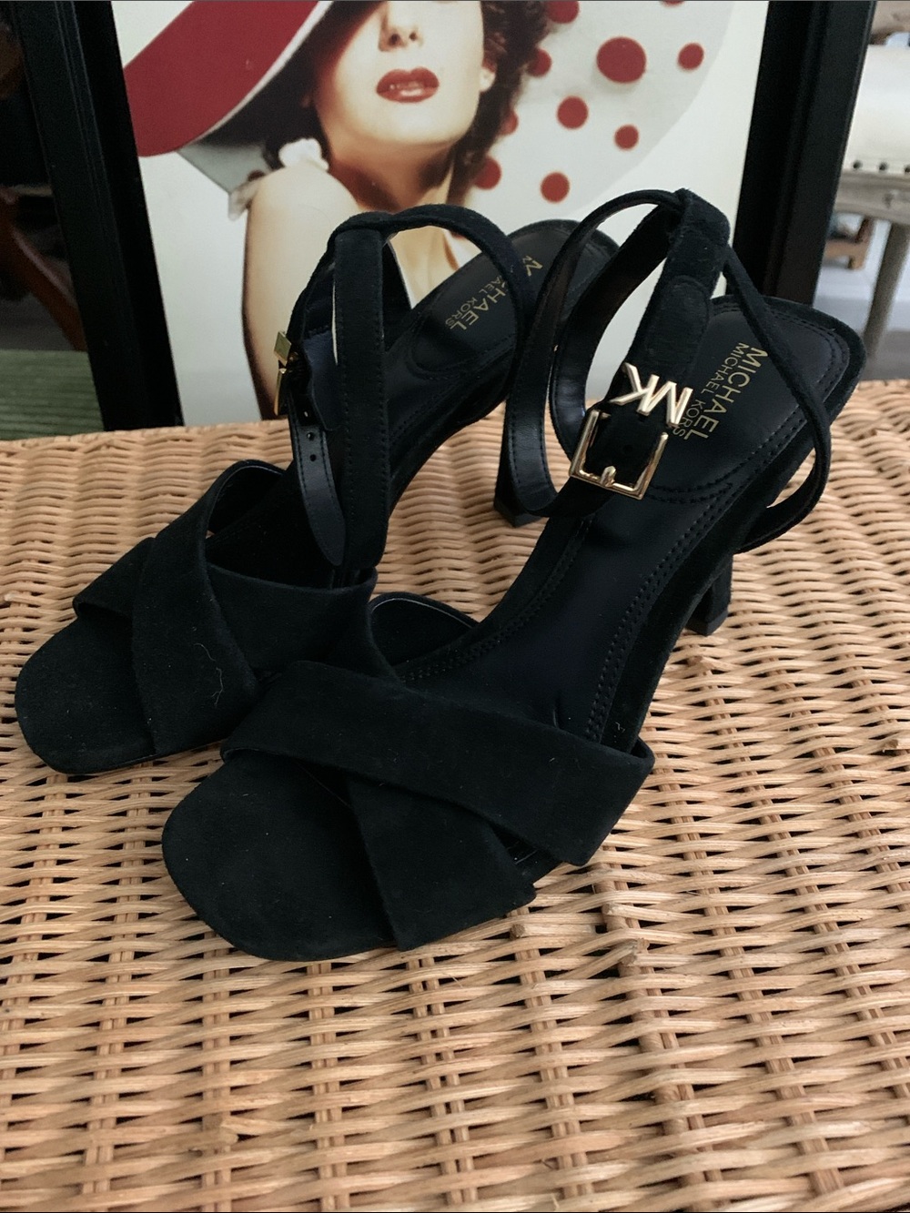 Michael Kors Black Suede Crisscross Block Heel Sandals with Gold MK Buckle